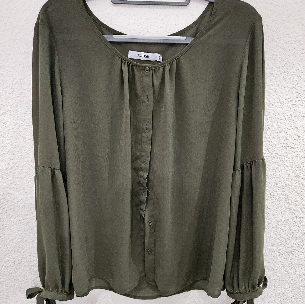 JustFab Women’s Olive Green Long Sleeve Sheer Blouse XXL
